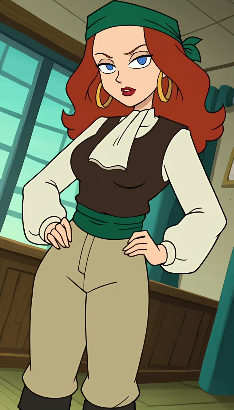 source_cartoon, 1girl, solo, long hair, red hair, blue eyes, no pupils, shihakugan eyes, mob psycho eyes, red lips, forehead, white shirt, vest, puffy long sleeves, hoop earrings, sash, hat, bandana, pants, knee boots, standing, looking at viewer, dutch angle, cowboy shot, indoors, <lora:ElaineMarley_PonyXL:0.8>, Elaine Marley, screencap
