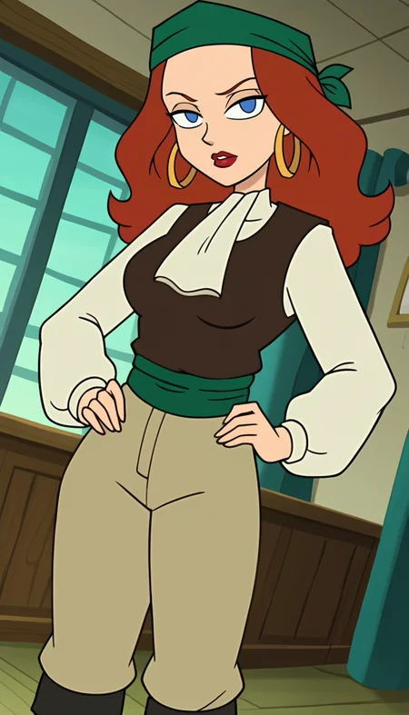 source_cartoon, 1girl, solo, long hair, red hair, blue eyes, no pupils, shihakugan eyes, mob psycho eyes, red lips, forehead, white shirt, vest, puffy long sleeves, hoop earrings, sash, hat, bandana, pants, knee boots, standing, looking at viewer, dutch angle, cowboy shot, indoors, <lora:ElaineMarley_PonyXL:0.8>, Elaine Marley, screencap