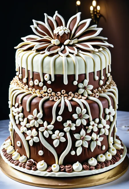 A giant cake made out of ,Jed-ChocoC, chocolate, cereals, <lora:last:0.7> decorated with Jed-whtccae, <lora:WhiteChocoStyle-000005:0.6> in art nouveau style the cake is bordered by Jed-mrshmlw, <lora:MarshmallowStyle-000007:0.5>, the topping of the cake is cream and in inside of the cream there is a flower made out of Gingerbread, icing, <lora:GingerbreadStyle_epoch_10:0.6>, standing on a table , masterpiece, sharp and in focus, photorealistic