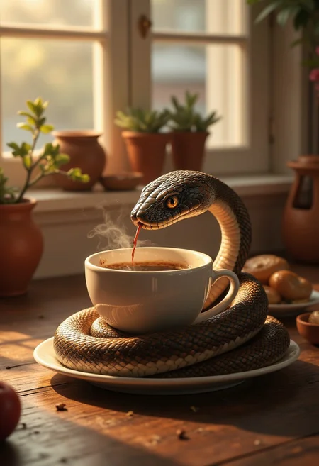 aidmayearofthesnake, a snake coiling over a mug full of steaming coffee, dipping its tongue in the dark drink. Morning light comes from the window into the cozy looking kitchen