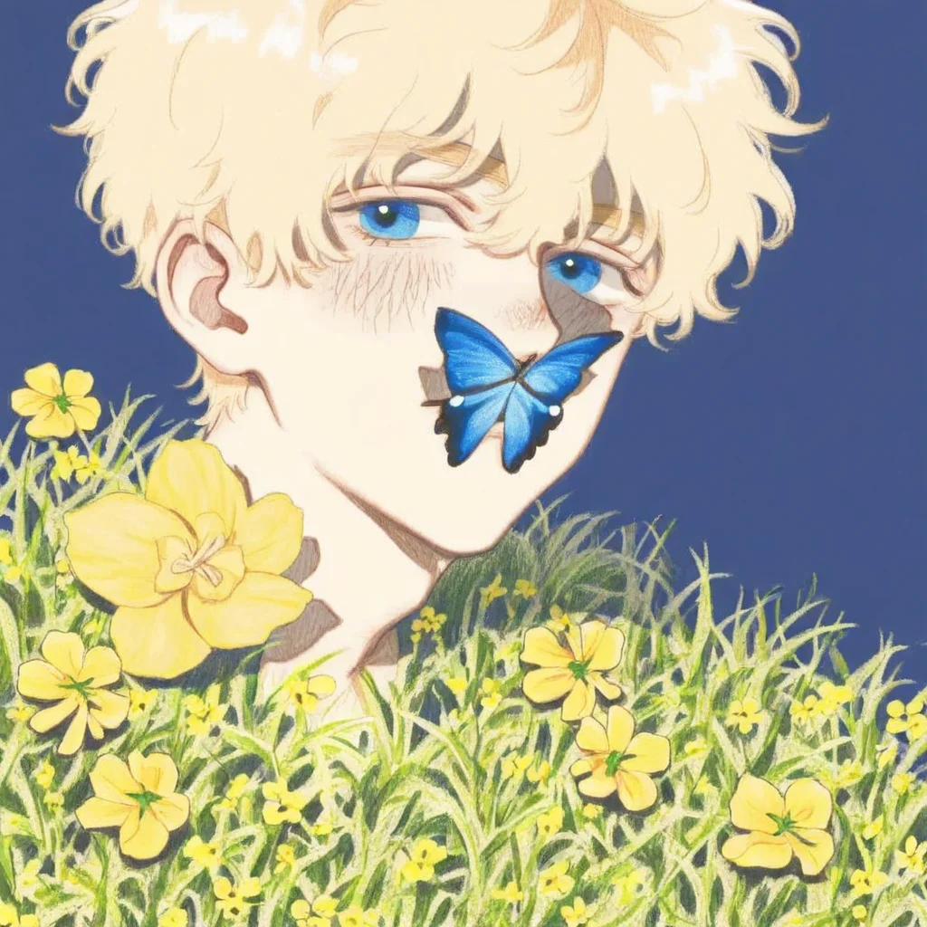 hu99y, 1boy, close-up portrait, anime, bangs, blush, blue background, grass, yellow flower, blond hair, shadows,a blue butterfly on his nose