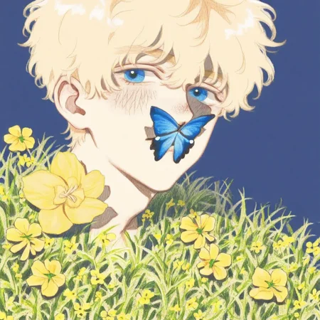 hu99y, 1boy, close-up portrait, anime, bangs, blush, blue background, grass, yellow flower, blond hair, shadows,a blue butterfly on his nose