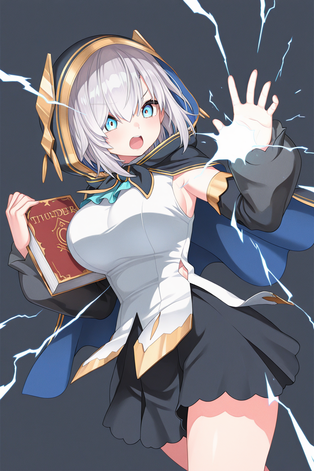1girl, ArsAlmalNijisanji, 
general, solo, dynamic angle, half body,
short hair, grey hair, blue eyes,
hooded cape, shirts, large breasts,
detached sleeves,
black sleeves, 
black skirt,
open mouth,
battle, spell casting, (thunder), spark, holding book,
simple background, fantasy, 
<lora:kp_ArsAlmalNijisanji1stCostumeIllustrious_v1_0:1.0>,
masterpiece, best quality, amazing quality