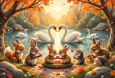 A delightful, high-resolution painting capturing the whimsy and warmth of animal affections in a storybook-like setting. In a sun-dappled forest clearing, tiny woodland creatures—fluffy rabbits, curious foxes, and playful squirrels—gather around, exchanging heart-shaped leaves and delicate flower petals as tokens of friendship and love. A pair of owls perched on a low branch gently nuzzle, while a family of hedgehogs carefully arranges soft moss and twigs into a cozy heart-shaped nest. In the distance, swans gracefully glide across a shimmering pond, their necks forming a perfect heart against the golden glow of the setting sun. Fireflies twinkle in the air, adding a touch of magic to the serene, storybook-like atmosphere. The entire scene radiates warmth, joy, and the pure innocence of love in the animal kingdom, inviting the viewer into a world where kindness and affection are shared in the most charming of ways.