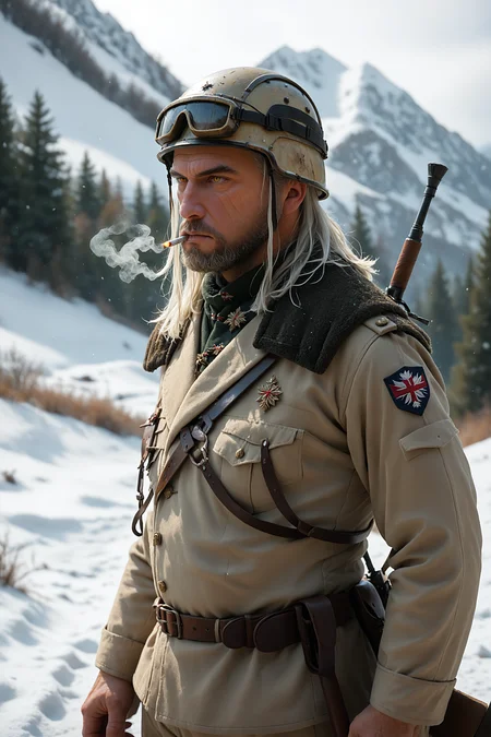 g3r4lt, score_9, score_8_up, score_7_up, 1boy, solo, smoking, uniform, soldier, helmet, arms behind back, snowy mountain, winter, <lora:g3r4lt:1.0>