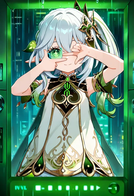 (masterpiece, best quality, high quality, good quality),1girl,nahida \(genshin impact\),finger frame,rain,digital rain,green rain,smile,cowboy shot,(cyberpunk),scouter,roman numeral,one eye covered,the matrix,finger_camera,
green theme,<lora:Code__Digital_World_Morph_v2_PONY_XL_by_UOC:0.5>,<lora:breasts_size_slider_illustrious_goofy:0.5>,<lora:cutesexyrobutts_style_illustrious_goofy:0.5>,<lora:ponyv4_noob1_2_adamW:0.5>,