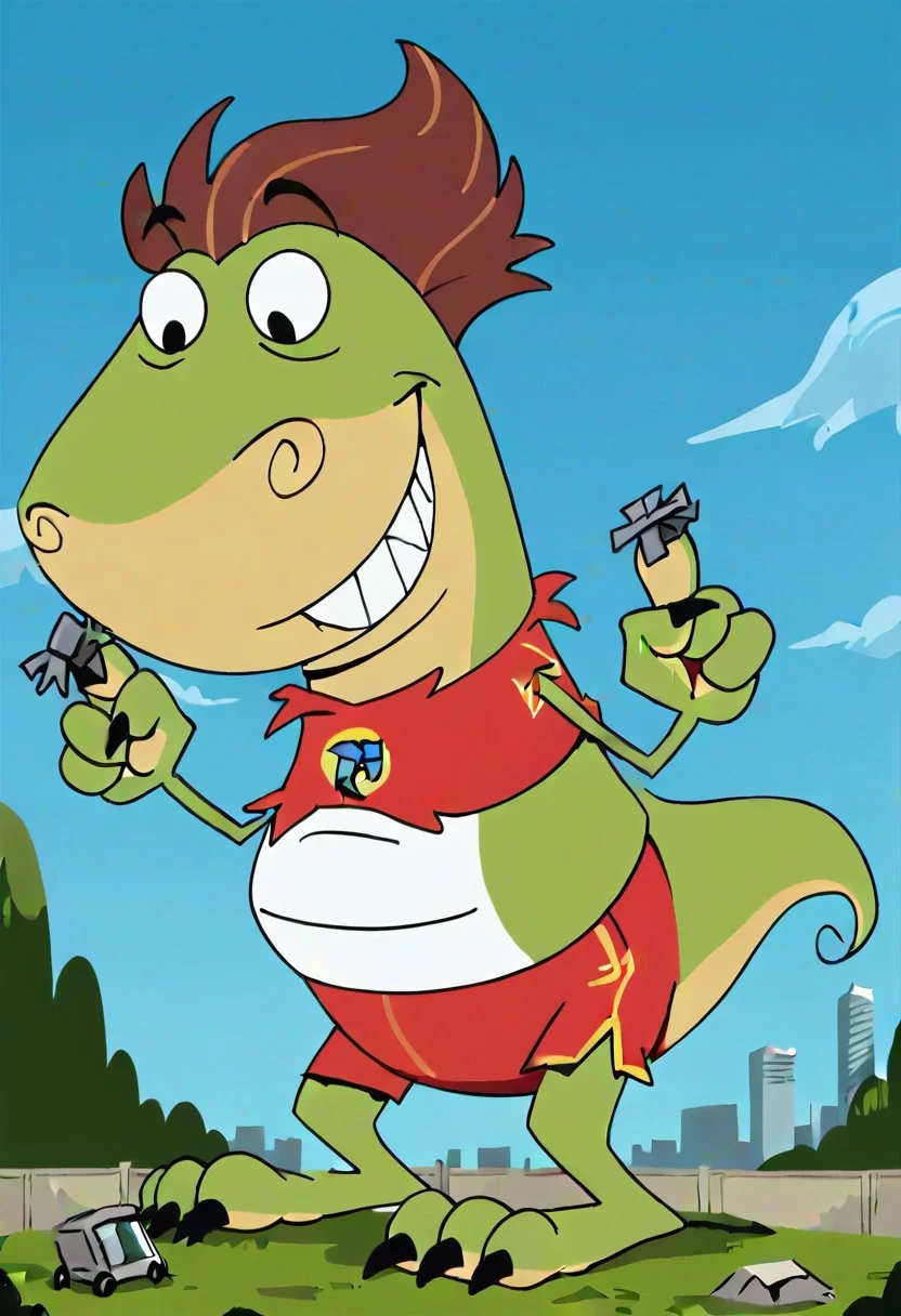 (score_9 | score_8_up | score_7_up) ((masterpiece:1))(best quality,very high quality,ultra detailed:1.2) (2D,cartoon style,anime style)(Smooth:2)(clean blurring) (four fingers on each hand,one thumb on each hand:1), Boy Lynn loud, solo, 1boy, Brown hair, thick Brown hair, round nose, freckles, red And white jersey shirt with a 0 on it, red And white shorts, dinosaur monster, Smug, evil smile, evil grin, green skin, white eyes, male focus, claws, solo, macro, growth, destruction, giantess, wide eyes,giantess,inflation, explosions around feet, dust near paws,(shrunken city :1.4), (shrunken cityscape:1.3), micro cityscape, solo, full body