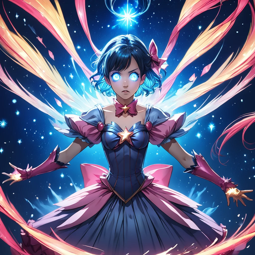 core_9, score_8_up, score_7_up, score_6_up, <lora:ArsMJStyle_-_Anime:1> ArsMJStyle, Anime, Magical girl transformation sequence. Swirling ribbons of light, costume materializing. Starry background, glowing magical items. Expressive eyes, dynamic hair movement, vibrant color palette.