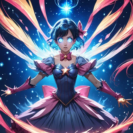 core_9, score_8_up, score_7_up, score_6_up, <lora:ArsMJStyle_-_Anime:1> ArsMJStyle, Anime, Magical girl transformation sequence. Swirling ribbons of light, costume materializing. Starry background, glowing magical items. Expressive eyes, dynamic hair movement, vibrant color palette.
