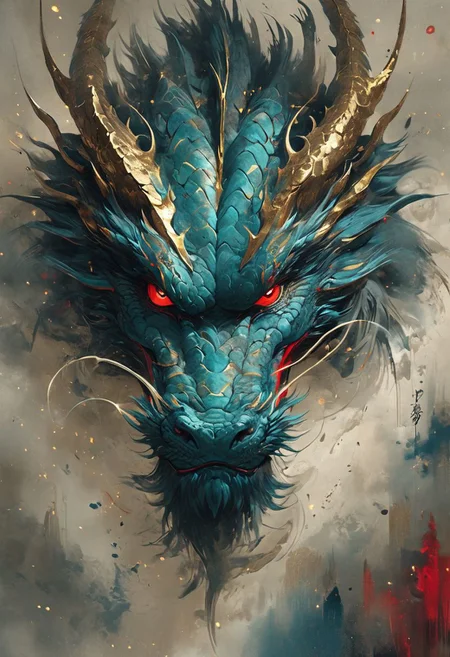 minimalism style, WLOP art style, a character worrior , facial muscles, eye light, dragon behind, cinematic foootage, fantasy, intricate details,8k post production,dark gold tone blue red white green