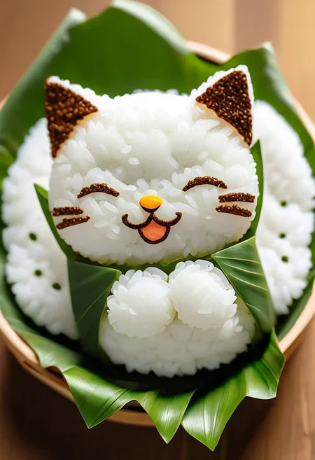 A rice ball shaped like a cute cat face with closed eyes and a smiling expression, made of white rice with brown details on the forehead, wrapped in green lotus leaves, small rice paws visible, placed on a wooden surface with chopsticks and additional rice pieces nearby, blurred green leafy background, soft natural lighting, highly detailed, photorealistic, vibrant textures, kawaii food art style