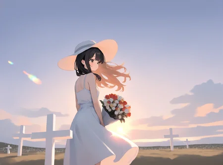 1girl, solo, from back, cute girl, long hair, sundress, sun hat, bouquet, normandy_american_cemetery, white crosses, wind, sunlight, painterly, lens flare <lora:Normandy_American_Cemetery:1>, <lora:locute_v3_v09:1>