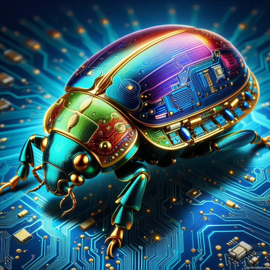 sfw, novuschroma54 style, wm_cyber art style,art style, ,masterpiece,(best quality),extremely detailed , close up of a bejewel scarab beetle made of colourful electronic circuits,, wm_cyber<lora:challenge\Cybernetic_Style_-_World_Morph.safetensors:1.0:1.0>
