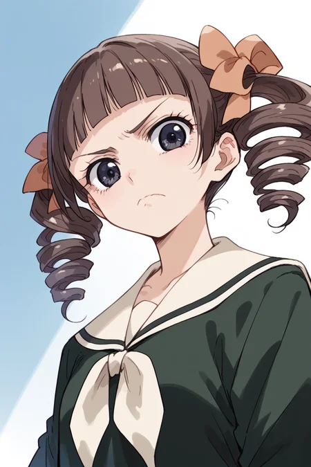 score_9, score_8_up, score_7_up, score_6_up,
<lora:Touko_Matsudaira:0.9> touko, 1girl, solo, school uniform, drill hair, serafuku, twin drills, brown hair, frown, looking at viewer, parody, blunt bangs, white neckerchief, upper body, black eyes, twintails, low angle