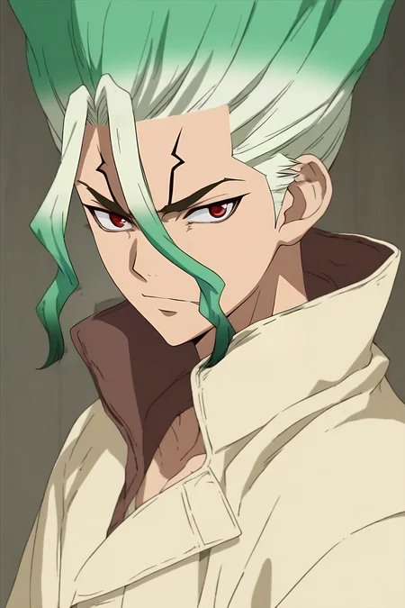 score_9, score_8_up, score_7_up, source_anime, , looking at viewer, upper body, , 1boy, solo, male focus, <lora:senkuu_ishigami_pony:0.76>, senkuu_ishigami, green hair, red eyes, multicolored hair, two-tone hair, white hair, facial mark, , world war 2, , <lora:sdxl_lightning_8step_lora:1>