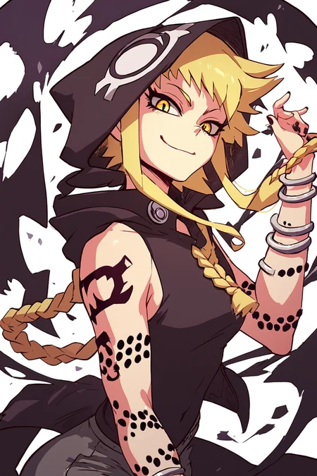 score_9, score_8_up, score_8, medium breasts, (curvy), cute, eyelashes, BREAK, , zzMedusa, blonde hair, long hair, braid, yellow eyes, tattoo, hood, jewelry, bracelet, sleeveless, nail polish, hoodie, braid, black nails, <lora:Medusa_SoulEater_PDXL_v2:1.0>, BREAK, smile, looking at viewer, cowboy shot, ,,, embedding:zPDXL, <lora:DiivesP1:0.8>,