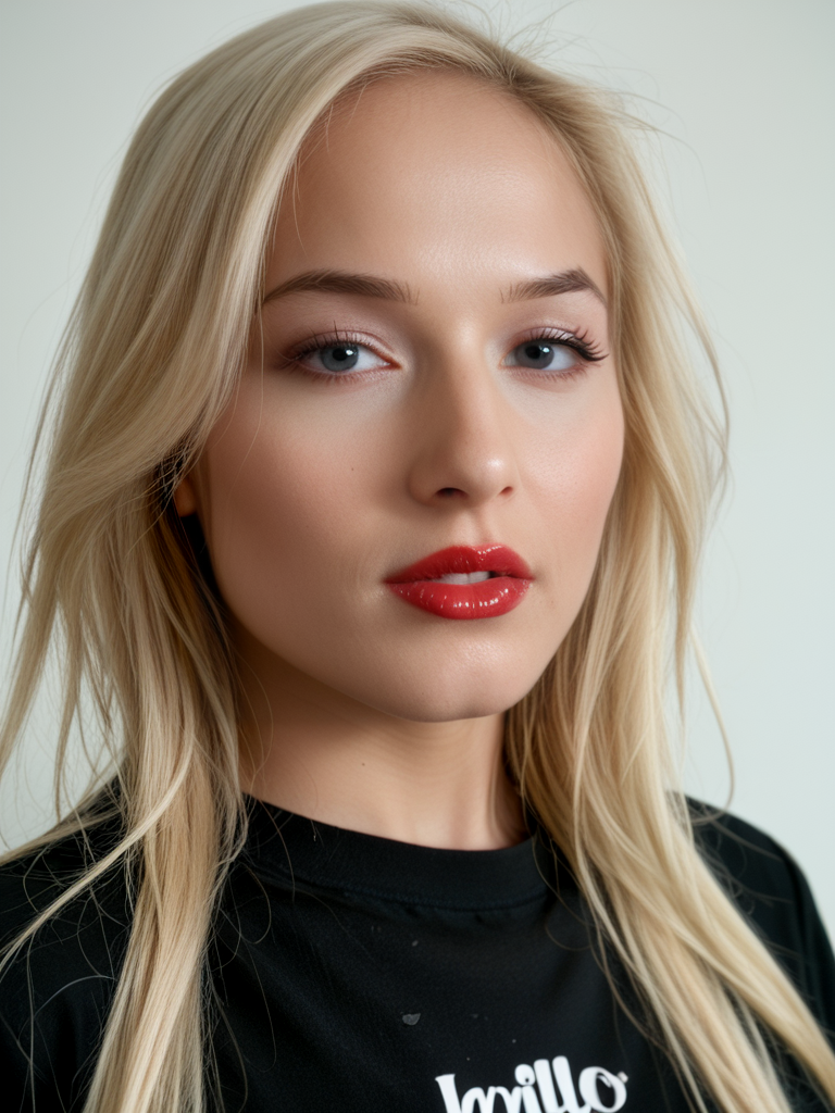 score_9, score_8_up, score_7_up, Khlo3H4rt, Khloe Hart, <lora:Khlo3H4rt-pony:1>, 1girl, moist lips, solo, portrait, fashion aesthetic, close-up, long hair, blonde hair, shirt, red lipstick, solo, face focused, professional photography, warm light, high resolution, cinematic, analog film, ultra detailed, portrait,