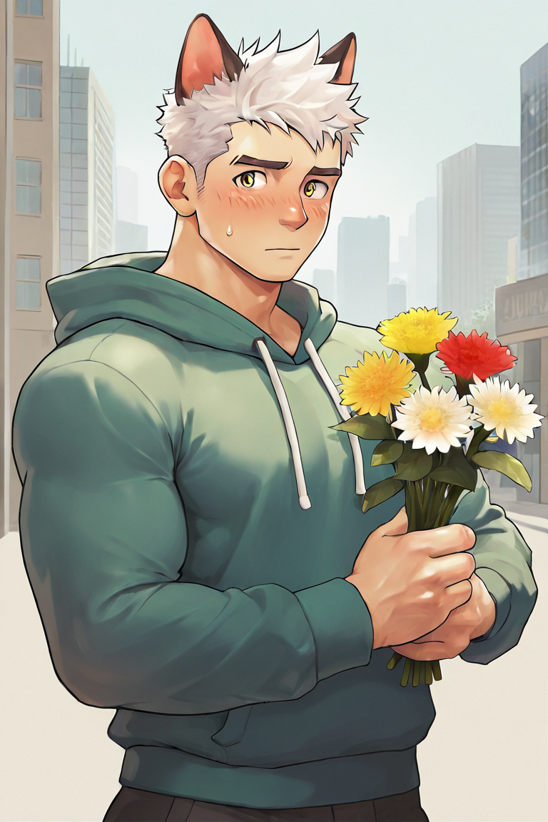 masterpiece, best quality, highres, newest, 1boy, bara, solo, male focus, mature male, short hair, white hair, yellow eyes, looking at viewer, upper body, blush, shy, standing, green hoodie, lond long sleeves, animal ears, cat ears, cat boy, holding flower, holding bouquet, outdoors, city, building <lora:OIS - Bara Style 1 [LoRA] - NoobAI-XL EPS 1.0:0.7>
