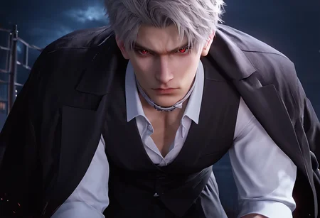 1boy, solo, male focus, toned male, Sylus_(Love_and_Deepspace), Sylus, Qinche, White hair, Red eyes, pale skin, detailed eyes, satisfaction, satisfied, neutral, sad looking,
dark theme, night, intense shadow, intimidating, chest close to viewer, dark light, no light, dark out, shadow,
(black coat over shoulder:1.1), white collar shirt, black vest, white collar shirt button, socks, wearing a tie, black pants, sweaty hair, long sleeves, modest clothing, looking at viewer, chest close to viewer,
all fours, restraining viewer, front view, seductive, romantic
rating PG, score_9,score_8_up,score_7_up, source_anime, male focus, Muscular, big thigh, big thigh, big chest, hung, manly, tall, detailed eyebrow, sharp eyebrows, focus on thigh, hairy thigh, thigh focus, random view