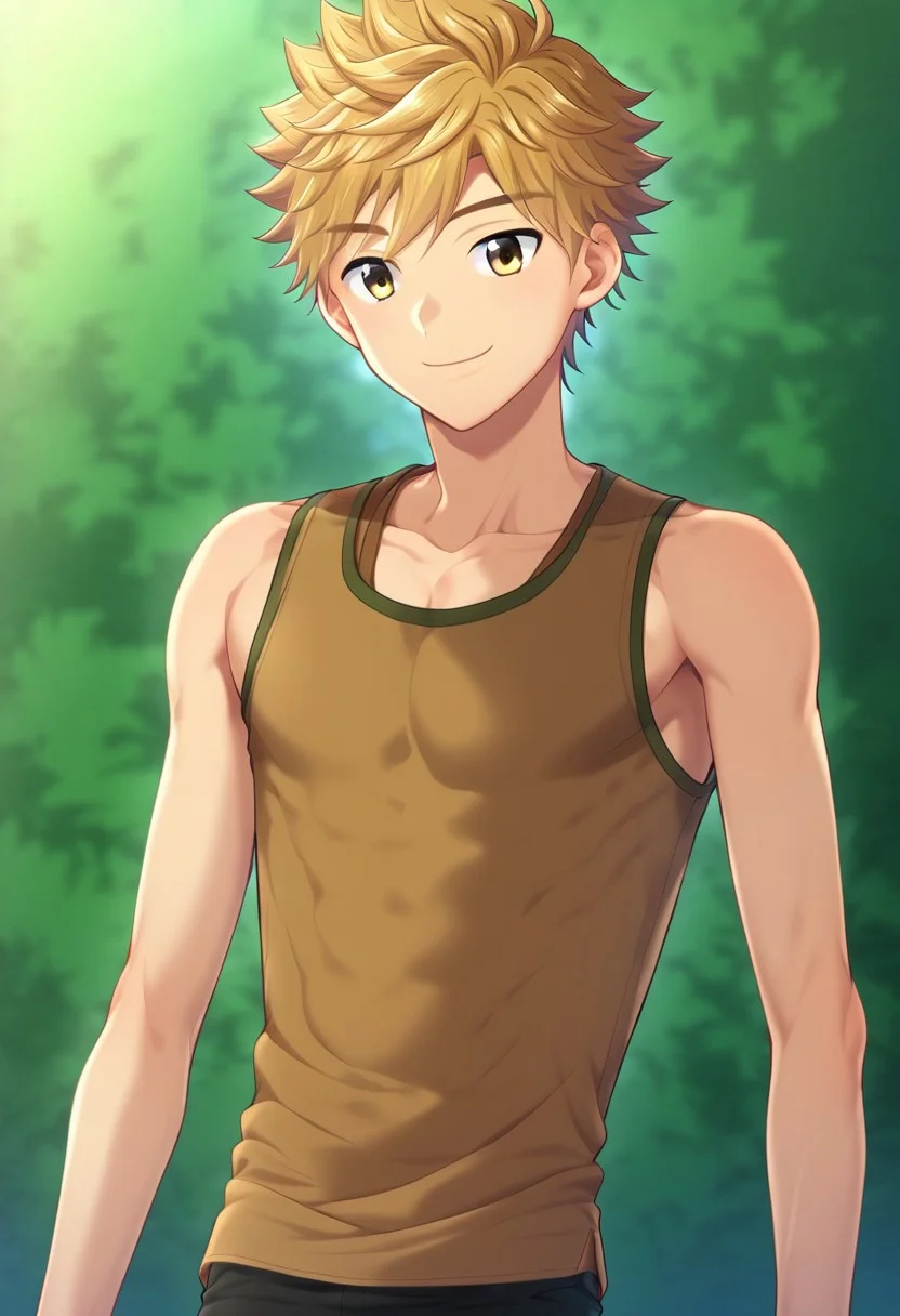 hikarishi_kenji, blond hair, short hair, bangs, 1boy, (solo:1.20), solo focus, character with (athletic body:1.1), (balanced:1.2), 1boy, solo, solo focus, brown tank top, wear black trunk, smile, proportional body, strong lower body
