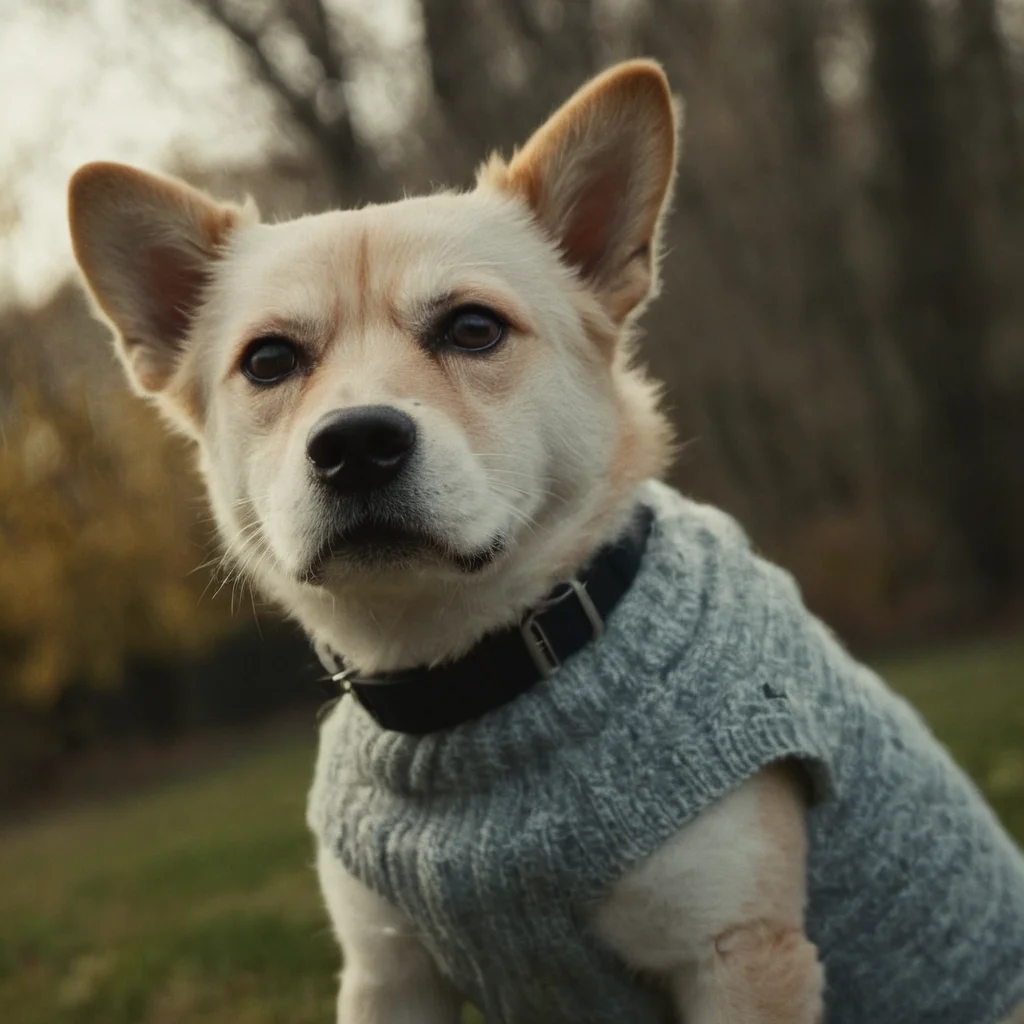 cinematic film still of <lora:rotated view Style:1> rotated camera angle view style:1.5
a dog wearing a sweater and a collar,solo,looking at viewer, rotated camera angle view, shallow depth of field, vignette, highly detailed, high budget, bokeh, cinemascope, moody, epic, gorgeous, film grain, grainy