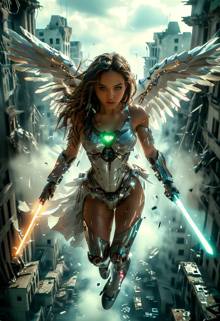 raw photo, Photorealistic, cute cyberpunk futuristic brunette angel, Belle, spread mech wings, adorned with glowing futuristic jewelry on her ivory glossy armor, flying quickly among ruined buildings, apocalyptic sky, busty, armor cleavage, holding a lightsaber, falling in the air amidst buildings