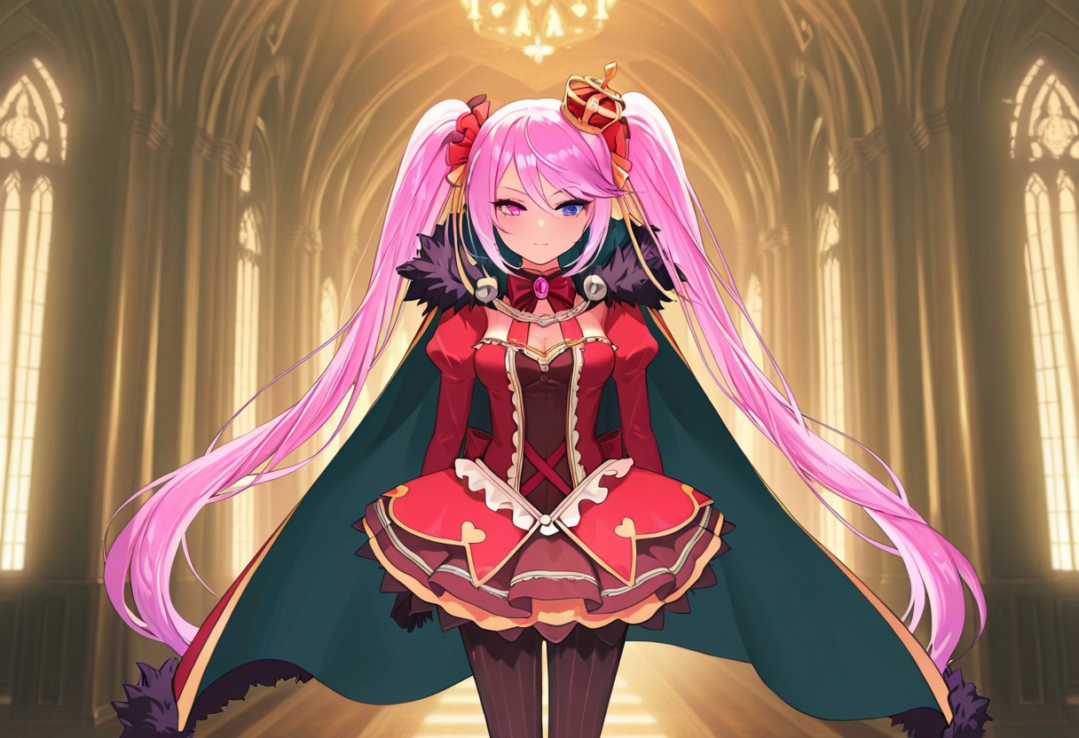 masterpiece, best quality, amazing quality, very aesthetic, high resolution, ultra-detailed, absurdres, newest, scenery, 1girl, solo,
slokai_illust, long hair, twintails, crown, heterochromia, gloves, dress, pink hair, pantyhose, gold and red fur-trimmed cape, cinematic pov, pov,
BREAK, detailed background, detailed hair, depth of field, photorealistic details, volumetric lighting