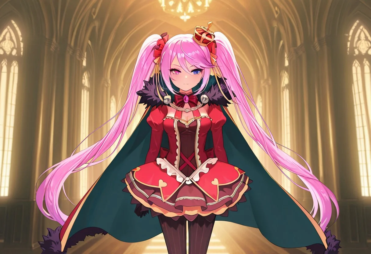 masterpiece, best quality, amazing quality, very aesthetic, high resolution, ultra-detailed, absurdres, newest, scenery, 1girl, solo,
slokai_illust, long hair, twintails, crown, heterochromia, gloves, dress, pink hair, pantyhose, gold and red fur-trimmed cape, cinematic pov, pov,
BREAK, detailed background, detailed hair, depth of field, photorealistic details, volumetric lighting