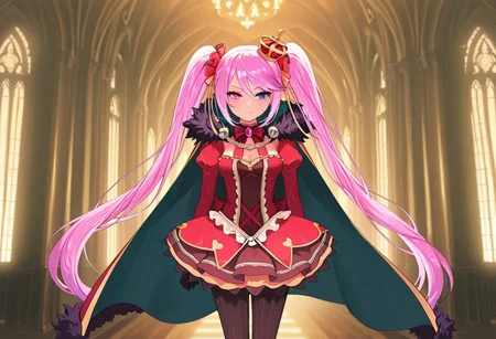 masterpiece, best quality, amazing quality, very aesthetic, high resolution, ultra-detailed, absurdres, newest, scenery, 1girl, solo,
slokai_illust, long hair, twintails, crown, heterochromia, gloves, dress, pink hair, pantyhose, gold and red fur-trimmed cape, cinematic pov, pov,
BREAK, detailed background, detailed hair, depth of field, photorealistic details, volumetric lighting
