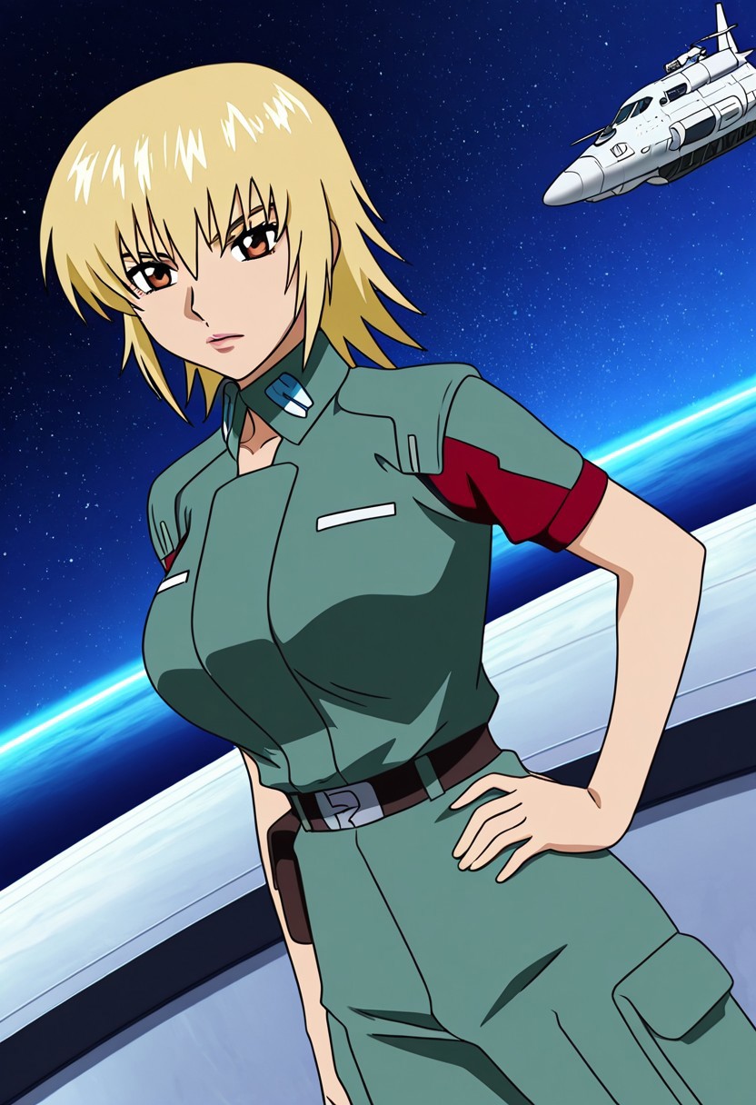 general,highres, ultra-detailed,very aesthetic,best quality ,best hands,best eyes,easynegative,
dynamic anglre, dutch angle, anime cloring,anime screencap,
1girl solo,looking at viewer,space ship,hand on hip,
Cagalli Yula Athha,yellow hair,short hair,brown eyes,huge breasts,militaly uniform,