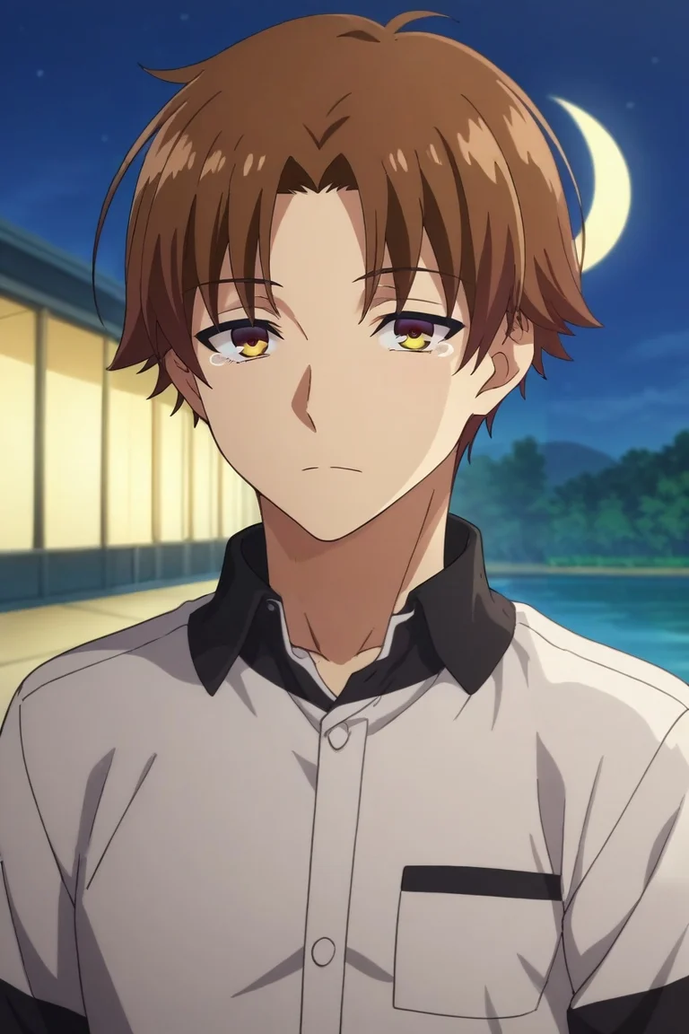 score_9, score_8_up, score_7_up, source_anime, rating_safe, intricate details, anime screencap, , official style, looking at viewer, , 1boy, solo, male focus, <lora:kiyotaka_ayanokouji_pony:1>, kiyotaka_ayanokouji, brown hair, brown eyes, short hair, bangs, parted bangs, upper body, lake city, night, crescent moon, v arms, tearing up, burglar costume, <lora:sdxl_lightning_8step_lora:1>