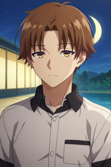 score_9, score_8_up, score_7_up, source_anime, rating_safe, intricate details, anime screencap, , official style, looking at viewer, , 1boy, solo, male focus, <lora:kiyotaka_ayanokouji_pony:1>, kiyotaka_ayanokouji, brown hair, brown eyes, short hair, bangs, parted bangs, upper body, lake city, night, crescent moon, v arms, tearing up, burglar costume, <lora:sdxl_lightning_8step_lora:1>