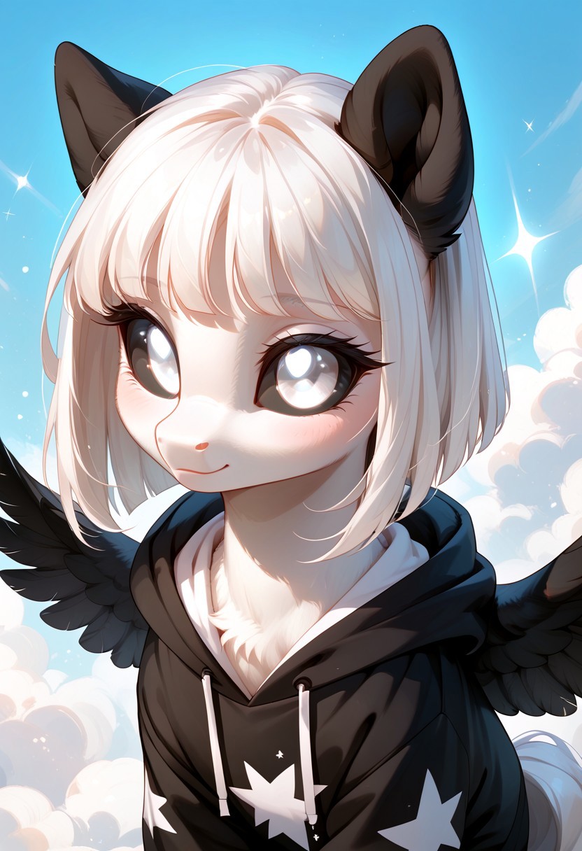 score_9, score_8_up, score_7_up, score_pony, zPDXL3, Albina, black sclera, black wings folded, black ears, white fur, glowing white eyes, white hair, in a hoodie, in a hood, cute, high angle, albino looking up,
