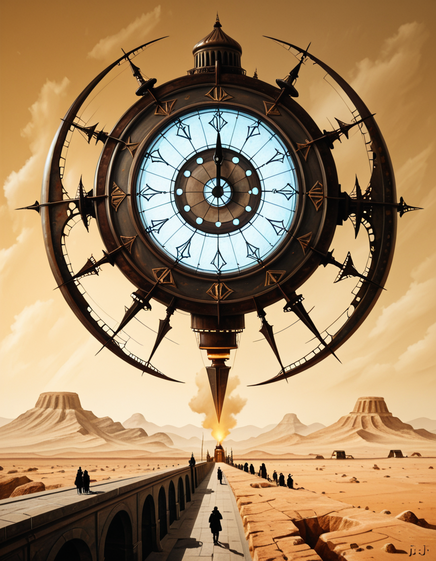 A surreal, dreamlike painting in the style of JarosÅaw Jasnikowski, depicting a gigantic mechanical insect-like cathedral walking across a cracked desert landscape. The cathedral is mounted on insect legs made of bronze and copper, with gears and steam vents along each joint. The architecture is gothic, with tall spires, stained glass windows glowing from within, and massive rotating clock faces embedded in its towers. In the background, a distorted horizon under a greenish-yellow sky, with floating islands and broken bridges suspended mid-air. A small group of cloaked figures watches the walking structure from the foreground, their long shadows cast across the dry, dusty ground. The entire scene is bathed in a surreal light, blending soft golds and dark shadows, giving it a mystical and post-apocalyptic atmosphere. Details are rich with fine mechanical engravings, absurd physics, and metaphysical symbolism, echoing Jasnikowskiâs signature surrealism and imaginative science-fiction fantasy.<lora:SDXLFaeTastic2400:0.4> <lora:extremely_detailed:0.4> extremely detailed, <lora:JarosÅaw_J4sn1k0wsk1_r1:1>,JarosÅaw J4sn1k0wsk1 <lora:JarosÅaw_J4sn1k0wsk1:1>, Masterpiece,best quality,hi res,8k,hi res,8k,award winning,(sharp focus, intricate, highly detailed),