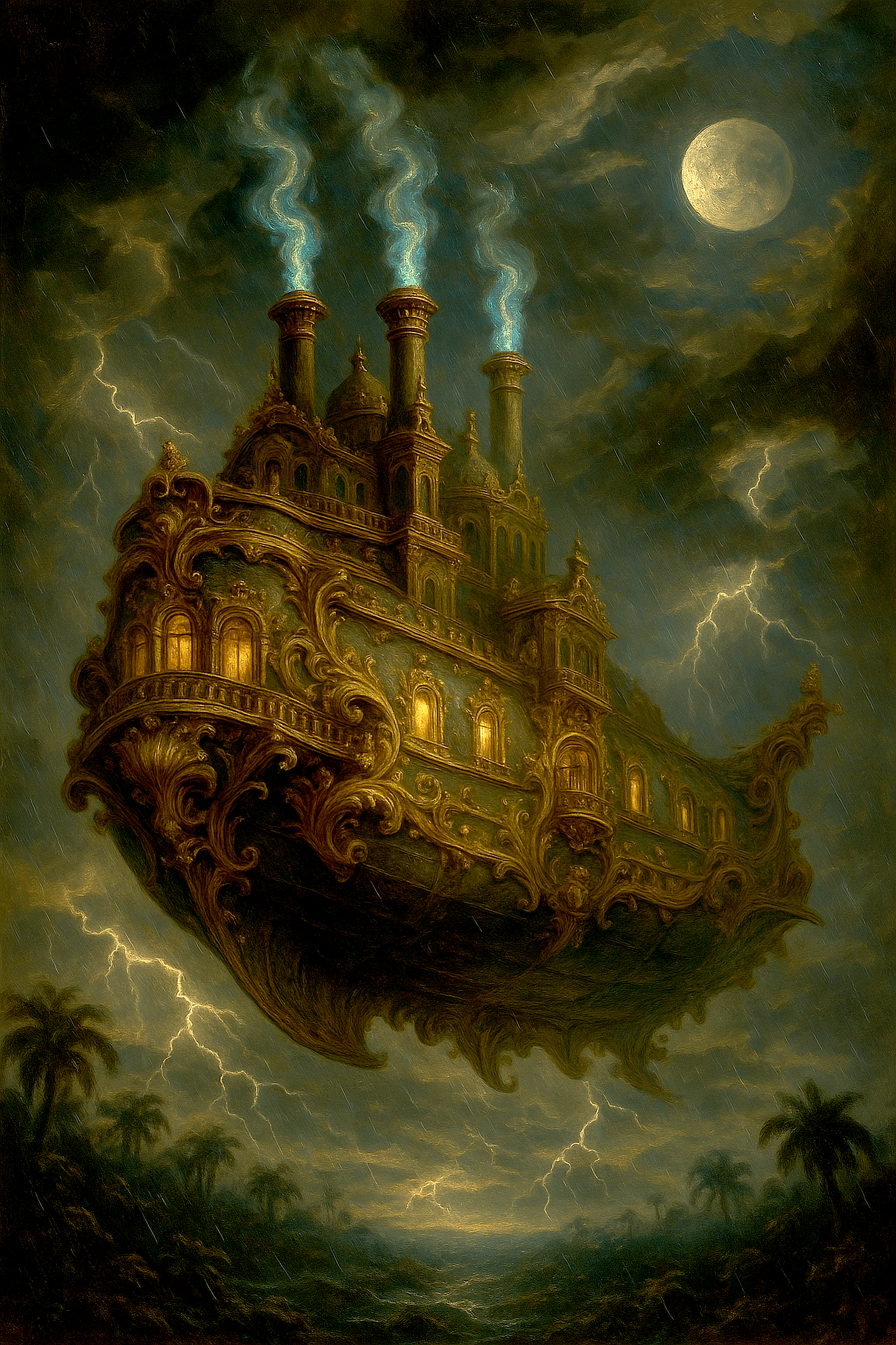 masterwork classical-style fantasy painting combining steampunk, surreal science fiction, and rococo-era elegance. a majestic steampunk airship floats through a turbulent, storm-ridden sky above an alien world, its design fusing mechanical ingenuity with the ornate decadence of rococo. the vessel soars through a churning sky filled with lightning and swirling cloud formations, under a distant moon illuminating the horizon with cold light. beneath the ship, the storm churns over an alien jungle at night, creating a dramatic and layered composition. the fantastical airship, majestic and immense, embodies the blend of machine and ornament, it seems more floating palace than vessel. the hull is crafted from dark, living metal, but its surface is covered in lavish rococo embellishments: gilded scrollwork, flourishes, and floral detailing that gleam in the moonlight. delicate balconies, miniature towers, and decorative motifs resembling carved sea monsters, scallop shells, and garlands are inset across the ship’s elegant frame. along its length, three identical chimneys rise like baroque spires, each evenly spaced and shooting a spiraling plume of eldritch cyan flame into the roiling sky. soft golden light emanates from portholes ringed with ornamented flourishes. the perspective is low-angle from near ground level, enhancing the ship’s monumental elegance and theatrical silhouette as it glides through the storm clouds. dramatic rembrandt-style lighting sculpts the ship in chiaroscuro, playing warm highlights along the gilded scrolls and casting soft, detailed shadows into the folds of the hull. the stormy background contrasts with the airship’s warm, glowing elements, and sfumato-style haze softens the harshness of the weather into an ethereal, dreamlike setting. inspired by 18th-century rococo and 17th century classical paintings in the style of rembrandt