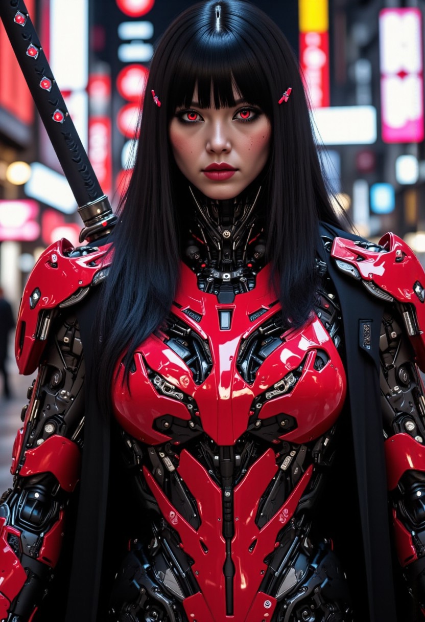 Realistic Photography, Very Low angle Ground Level camera view below looking up From a distance, Futuristic, Distant Vibrant Colors Full body Powerful Female Face, Straight Black Hair with Bangs, Samurai Style Armor outfit, Vibrant Colors cyborg Powerful Female, Samurai Style Armor, Flat Dark Red with Black Trim Colored Armor, Samurai Armor Style Exosuit, Thin Detailed Gorgeous Female Face with High Cheek Bones of Eastern European Decent, Detailed Eyes with Red Irises and Black Pupils, Large Breasts, mech, Action Dynamic Action Combat Pose, futuristic, Black Cape, (off-center composition, left aligned, Portrait),  an old Powerful cyborg, battle worn, Bulky Samurai Style Power Armor, Large Glowing Samurai Sword with Red Diamonds in the handle, Happy high detailed Eyes, Happy Smile High detailed face, Night time, gothic Neon Cyberpunk Cityscape, cinematic film still glamorous photo dark art by Rafael Zabaleta, expressionism art by Asger Jorn, vibrant, Abstract expressionism, experimental painting techniques, bold bright colors, dynamic compositions, Expressionism, Neon Night City Cyberpunk Cityscapes, emotive brushwork, brilliant tones, dramatic lighting, introspective themes. high fashion, luxurious, extravagant, stylish, sensual, opulent, elegance, stunning beauty, professional, high contrast, detailed. shallow depth of field, vignette, highly detailed, high budget, bokeh, cinemascope, moody, epic, gorgeous, film grain, grainy