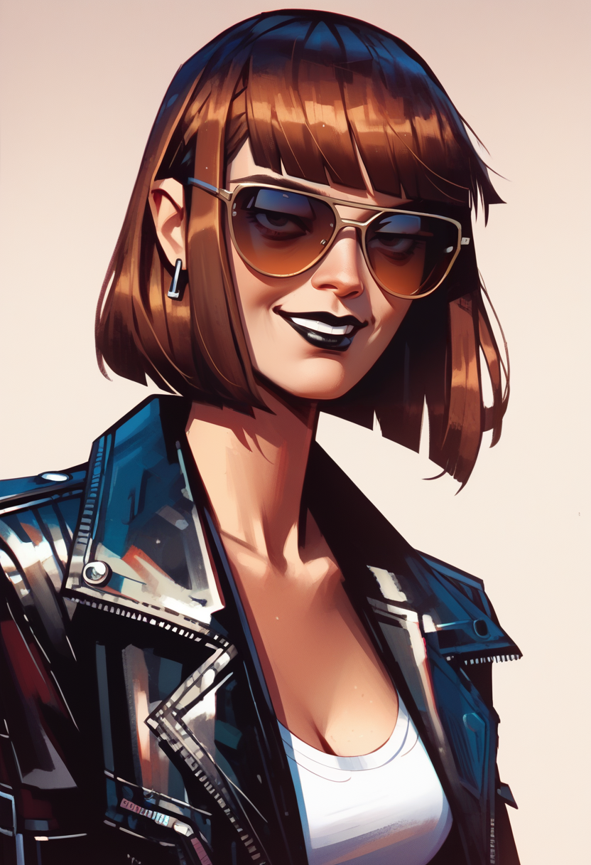 score_9, score_8_up, score_7_up, score_6_up, score_9, score_8_up, score_8, ultra-detailed,  SH_Style, RobVal, 1woman, sunglasses, smirk, futuristic jacket, leather jacket, black lipstick, brown hair, bob haircut, bangs,  <lora:Sheeps_Styles:0.8>