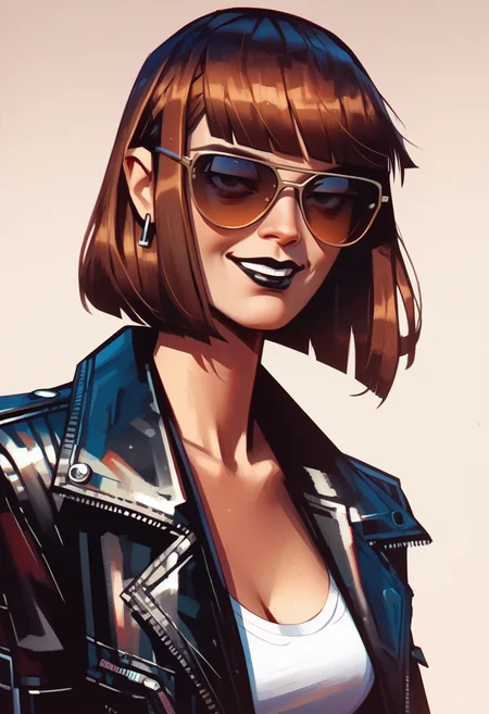score_9, score_8_up, score_7_up, score_6_up, score_9, score_8_up, score_8, ultra-detailed, SH_Style, RobVal, 1woman, sunglasses, smirk, futuristic jacket, leather jacket, black lipstick, brown hair, bob haircut, bangs, <lora:Sheeps_Styles:0.8>