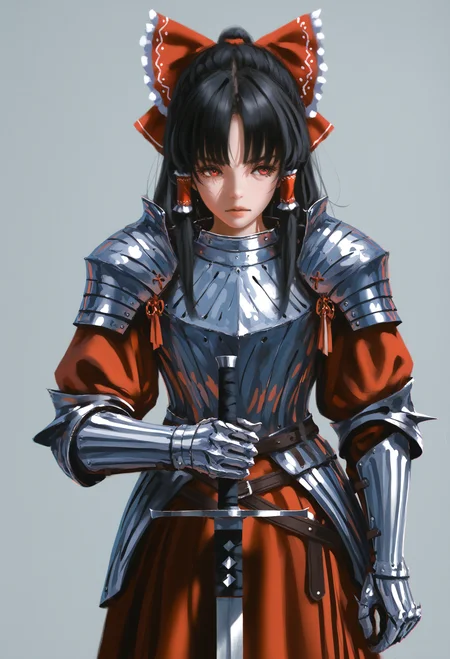<lora:SDXL\Illustrious\noobai_ep11_stabilizer_v0.58_fp16.safetensors:0.8:1.0> <lora:SDXL\Illustrious\test\wlop.safetensors:1.0:1.0>wlop,hakurei_reimu, 1girl, solo, long_hair, looking_at_viewer, bangs, black_hair, red_eyes, bow, closed_mouth, standing, hair_bow, sidelocks, cowboy_shot, frills, alternate_costume, belt, sword, grey_background, holding_weapon, armor, red_bow, holding_sword, hair_tubes, shoulder_armor, gauntlets, pauldrons, breastplate, frilled_bow, greatsword BREAK (chromatic aberration:1.2),very awa,masterpiece, best quality, amazing quality, very aesthetic, absurdres,