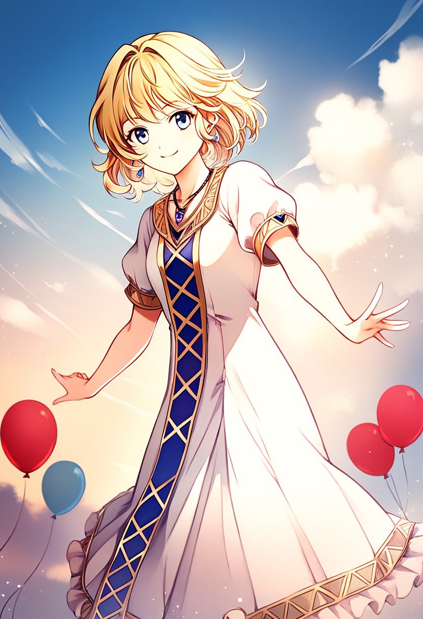 score_9, score_8_up, score_7_up, highres, (best quality:1.1), masterpiece, absurdes, multiple girls, utdoors, sky, solo focus, day, cloud, 1girl,  blue sky,balloon, roller coaster,  <lora:Yumina_FE_XL:1> Yumina_FE, blonde hair, blue eyes, short hair, bangs, 1girl, solo, jewelry, dress, white dress, looking at viewer, short sleeves, necklace, ,smile