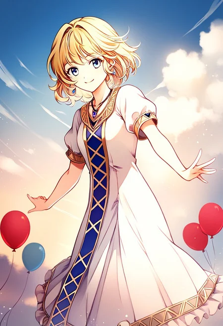 score_9, score_8_up, score_7_up, highres, (best quality:1.1), masterpiece, absurdes, multiple girls, utdoors, sky, solo focus, day, cloud, 1girl, blue sky,balloon, roller coaster, <lora:Yumina_FE_XL:1> Yumina_FE, blonde hair, blue eyes, short hair, bangs, 1girl, solo, jewelry, dress, white dress, looking at viewer, short sleeves, necklace, ,smile