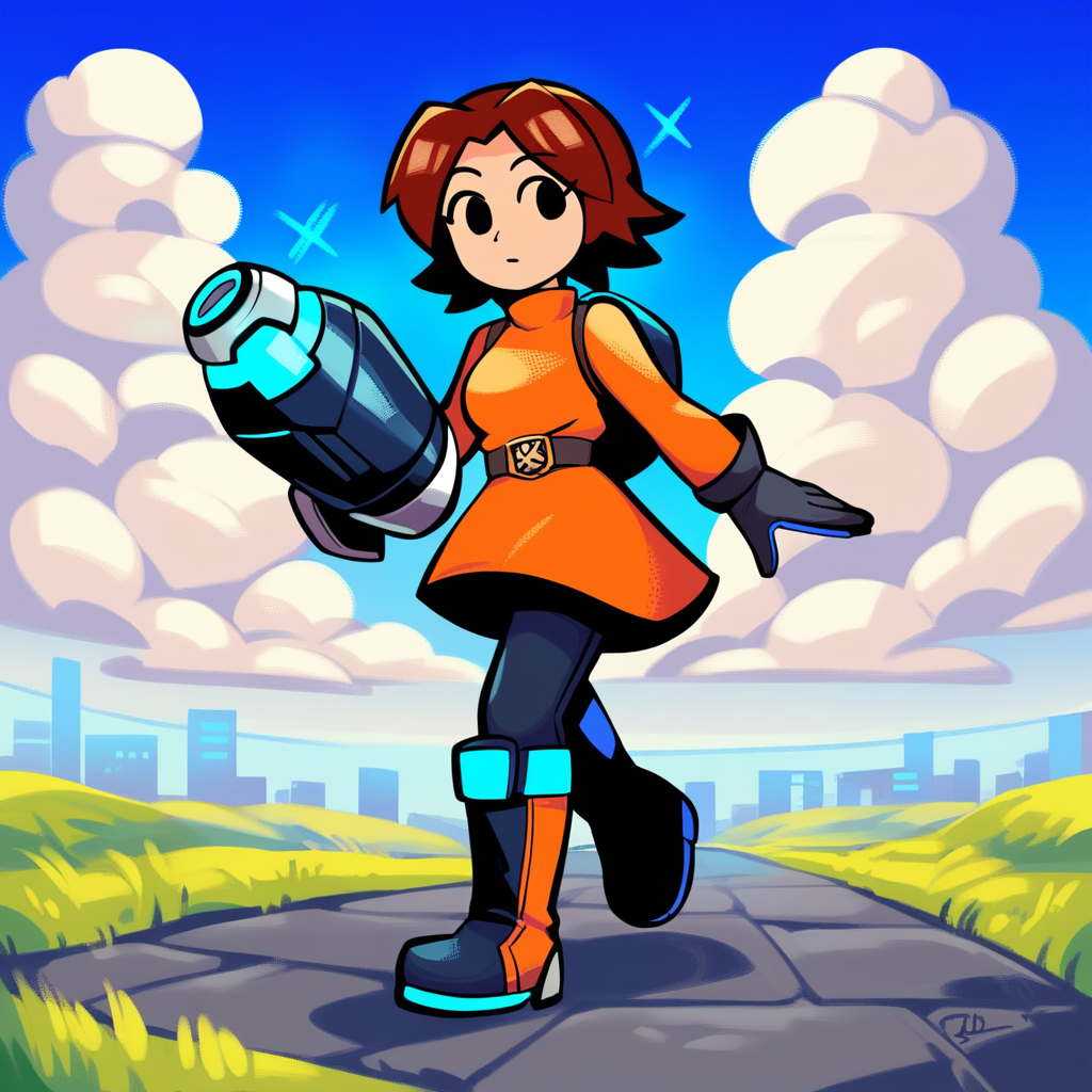 score_9, score_8_up, score_7_up, score_6_up, best quality, masterpiece, source_anime, detailed background, blue background, clouds, BREAK 1girl, mii_gunner_(\smash_bros_4\), large head, amber hair, female, black eyes, dot eyes, orange dress, long sleeves, black pants, boots, belt, gloves, arm cannon, walking,  <lora:PDXL_MiiGunner_S4:1>