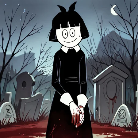 score_9, score_8_up, score_7_up BREAK CrepSus, 1girl, black hair, black bob cut, blunt bangs, black eyes, pale skin, black bow, white-collared long black dress, long white cuffs, staring at viewer, night graveyard background, nightly cemetery outdoors, blood drips, blood stains, blood-stained hands, smiling,