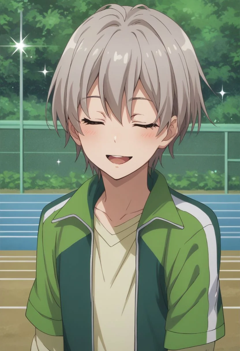 score_9, score_8_up, score_7_up, source_anime, highly detailed,
saika, closed eyes, male focus, solo, 1boy, open mouth, blush, grey hair, sparkle,
jacket, smile, short hair, green jacket, parody, track jacket, upper body, open jack,
outdoor,