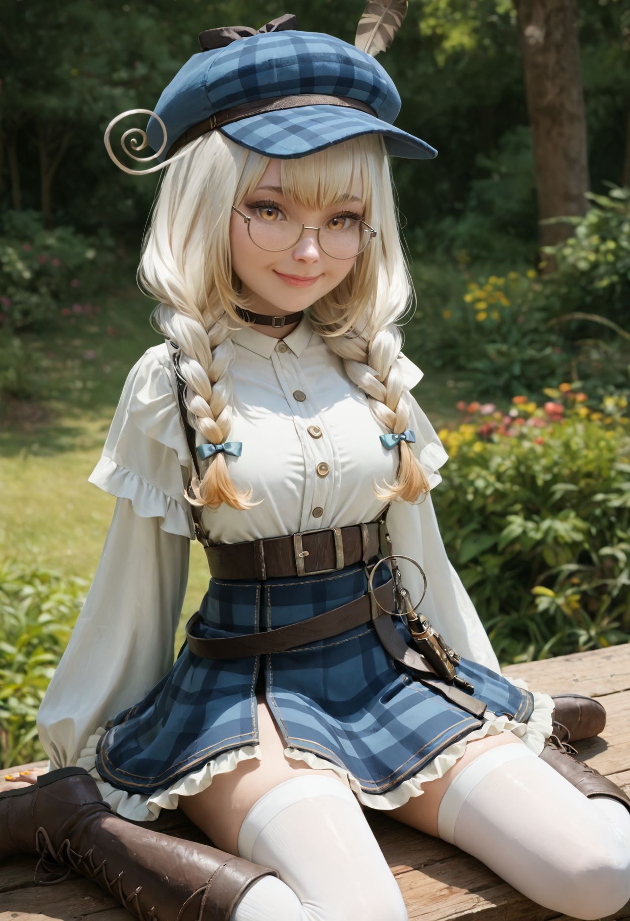 score_9, score_8_up, score_7_up, realistic
1girl, looking at viewer, smile, closed mouth
yellow nails, sitting, outdoors, nature
<lora:Kanna-Yanagi-e5-1000-000005:1>
kannayanagi, twin braids, ahoge
semi-rimless eyewear
blue hat, hat feather
choker
puffy long sleeves
white shirt, white collar
belt, holster
plaid skirt, high-waist skirt, frilled skirt
white thighhighs
brown footwear, knee boots
