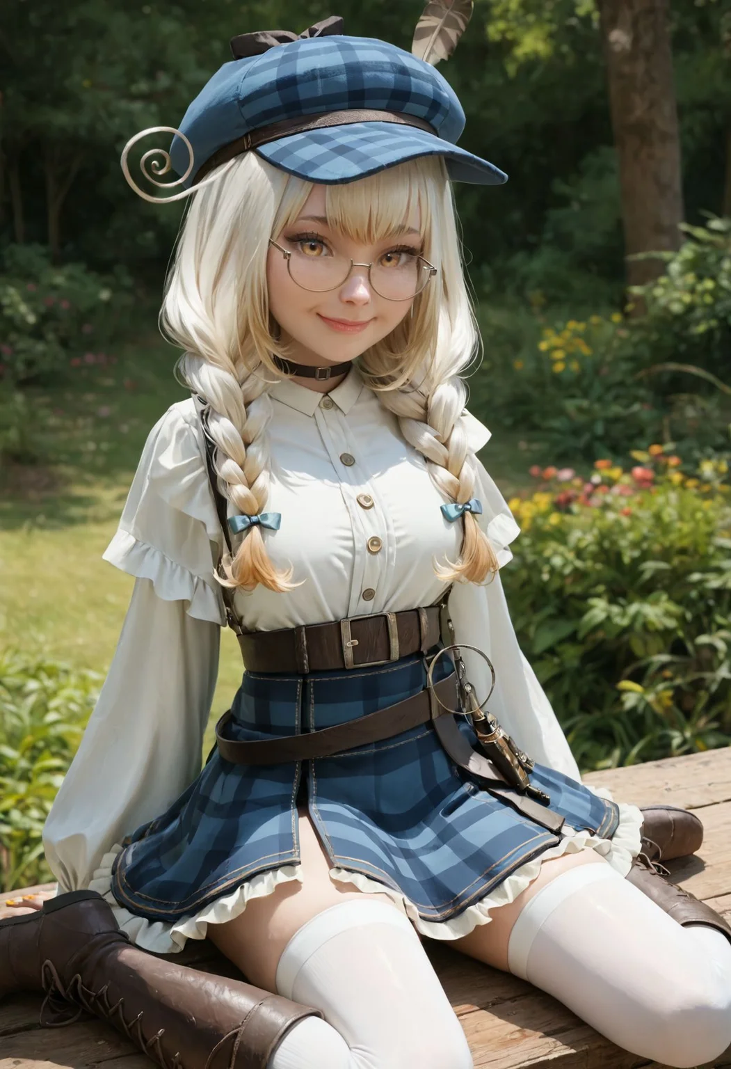 score_9, score_8_up, score_7_up, realistic
1girl, looking at viewer, smile, closed mouth
yellow nails, sitting, outdoors, nature
<lora:Kanna-Yanagi-e5-1000-000005:1>
kannayanagi, twin braids, ahoge
semi-rimless eyewear
blue hat, hat feather
choker
puffy long sleeves
white shirt, white collar
belt, holster
plaid skirt, high-waist skirt, frilled skirt
white thighhighs
brown footwear, knee boots