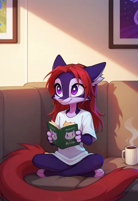 Dreamkeepers,Indi_and_Digo,1girl,solo,furry,tail,source_furry,,red hair,purple fur, purple eyes,
child, kid,
 solo, living room, long  hair, , oversized  shirt, large t-shirt,  sitting, reading book, holding steaming coffee mug, relaxed smile, cute, cat, cozy,
t4kar4i_illu, no_outlines, no lineart,
masterpiece, best quality, absurdres, [dynamic pose]