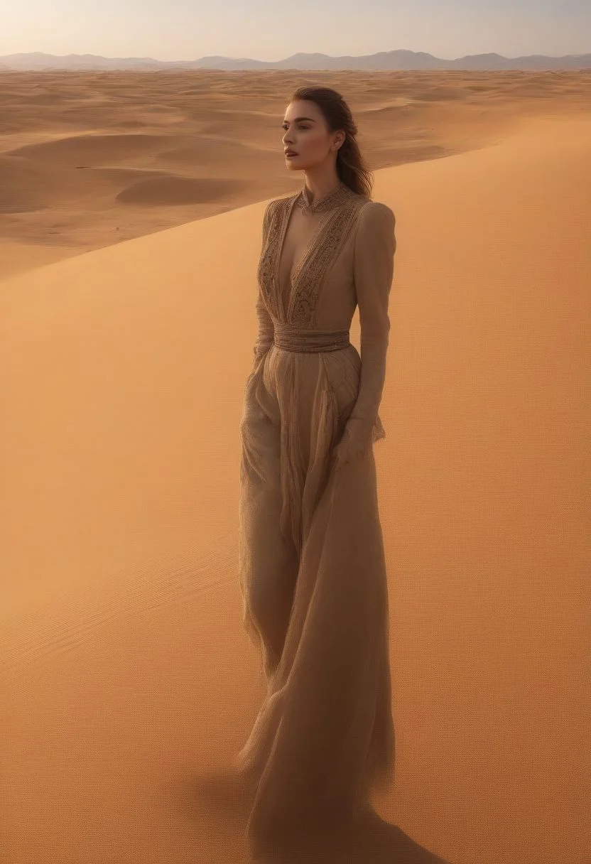 a sexy woman is doing modeling work in the desert, 8K, realistic, masterpiece,