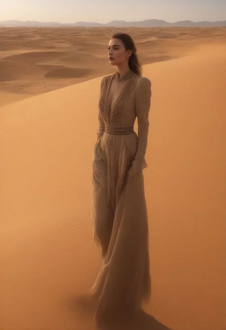 a sexy woman is doing modeling work in the desert, 8K, realistic, masterpiece,