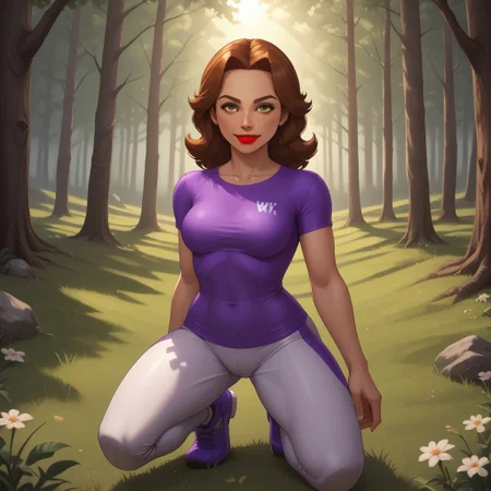 score_9, score_8, BREAK, solo, wii, mii, wii sports, 1girl, female mii, dark yellow eyes, auburn hair, dark brown eyebrows, red lips, purple clothing, white pants, shoes, nintendo mii, modern_mii, classic_mii, breasts, elisa_\(\\wii_sports\\\), sexy pose, smile, outdoors, sunlight, shadows, evening lighting, natural lighting, forest, trees, grass, orange sky, sunset